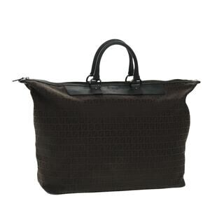 FENDI Zucchino Canvas Boston Bag Dark Brown Black Silver